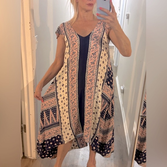 Anthropologie cap sleeve navy blue, pink and white patterned flowy dress - Picture 7 of 13